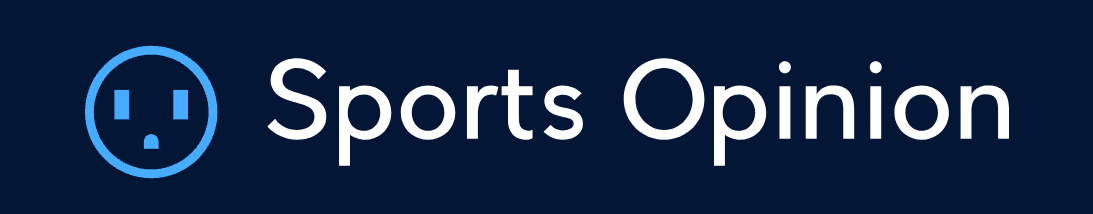A simple logo with a stylized speech bubble icon and the text "Sports Opinion" to the right. The icon is a light blue circle with a white outline, containing three dark blue rounded rectangles suggesting speech. Two small dark blue dots indicate eyes. The text "Sports Opinion" is in white, with "Sports" in a regular font and "Opinion" in a slightly bolder font. The background is a dark blue.