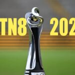 The MTN8 2025 trophy sits on a yellow podium with the MTN8 2025 logo in yellow text in the background.