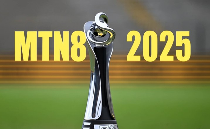 The MTN8 2025 trophy sits on a yellow podium with the MTN8 2025 logo in yellow text in the background.