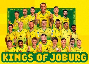 A promotional team poster featuring the Joburg Super Kings cricket squad in their yellow and green kits against a bright yellow background with the text "KINGS OF JOBURG".