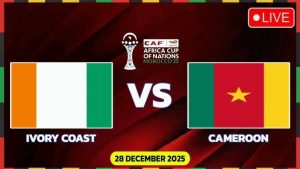 A digital broadcast graphic for "AFCON MOROCCO 25" showing the flags of Ivory Coast and Cameroon with a "LIVE" indicator and the date 28 December 2025.