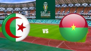 A digital graphic showing circular icons of the Algerian and Burkina Faso flags over an aerial view of a football stadium for the CAF Africa Cup of Nations.