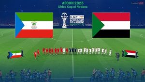 A digital graphic showing the flags of Equatorial Guinea and Sudan over a football pitch with teams lined up for national anthems.