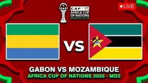 An official SABC Sport broadcast graphic for the Gabon vs. Mozambique match on Sunday, 28 December at 14:00, featuring the AFCON Morocco 25 logo.