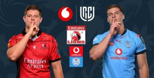 A promotional graphic for a rugby match featuring two players: one on the left in a red Emirates Lions jersey and one on the right in a light blue Vodacom Bulls jersey, both making a "shushing" gesture with their fingers to their lips.
